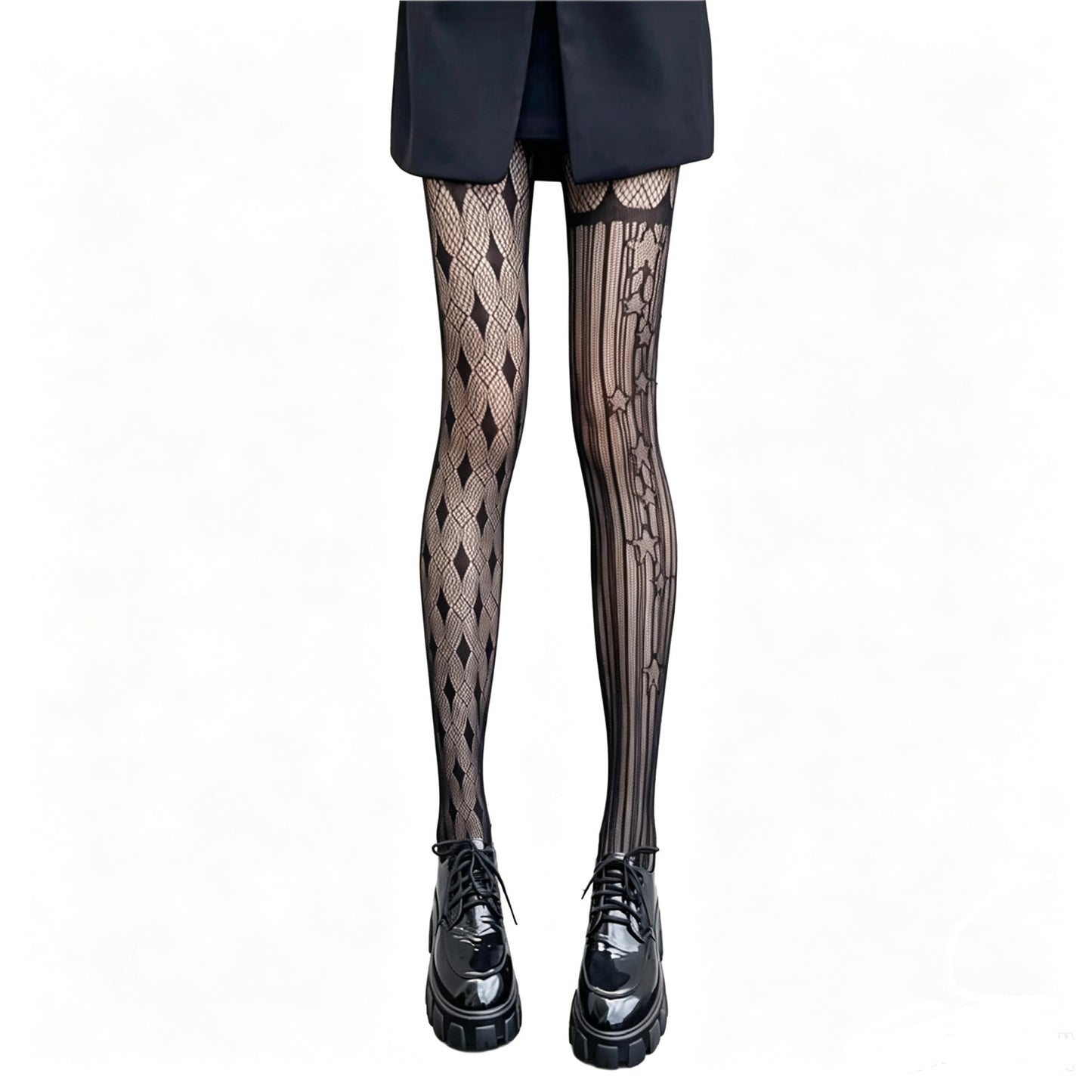 Gothic style black fishnet stockings and patterned mesh tights for punk grunge aesthetic look. Y2K style
