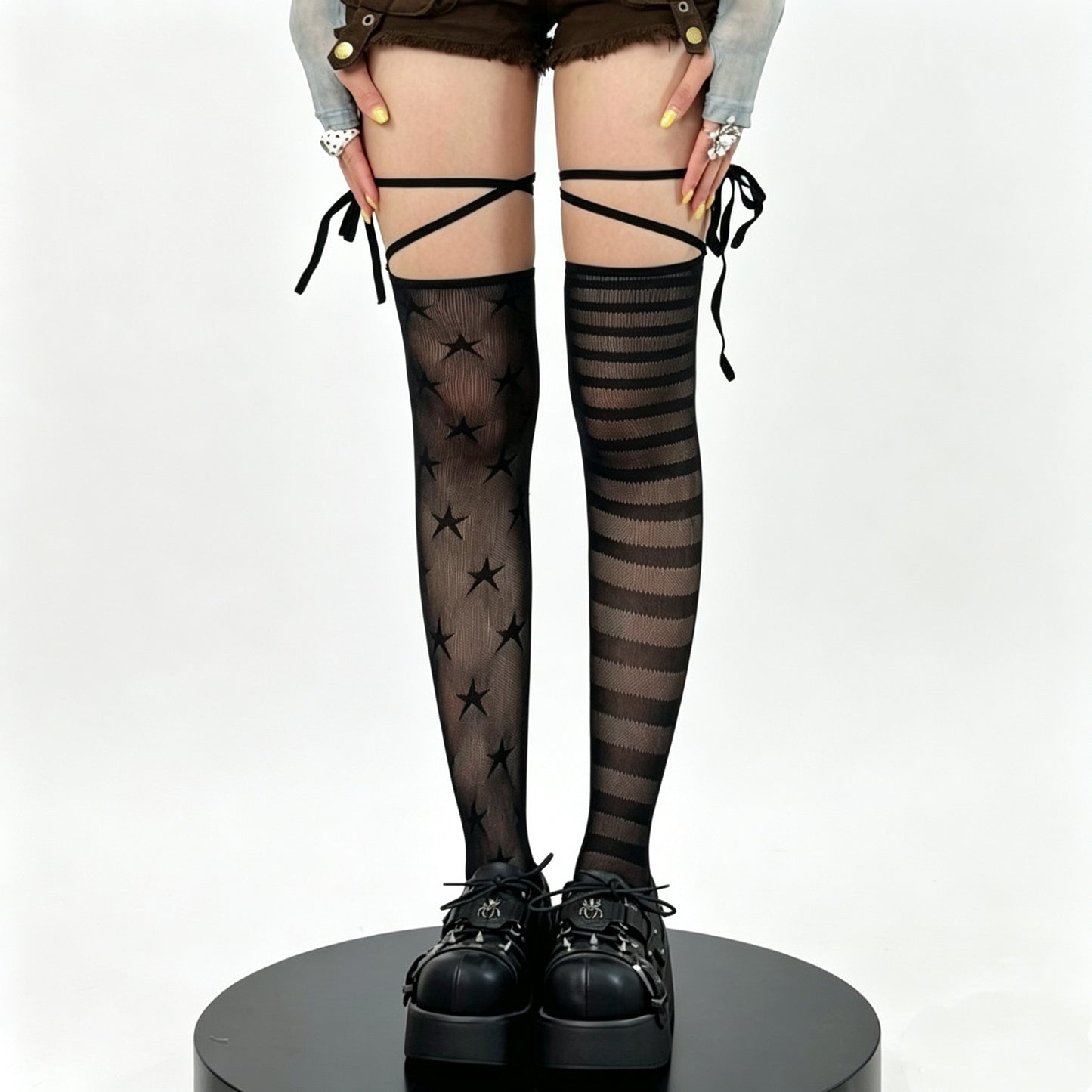 Mismatched Star Mesh Striped Thigh High Stockings