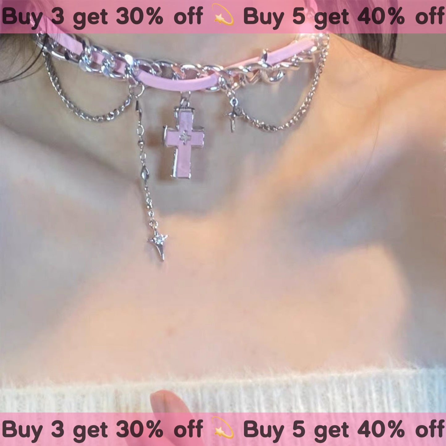 Y2K Pink Cross Leather Layered Choker Necklace
