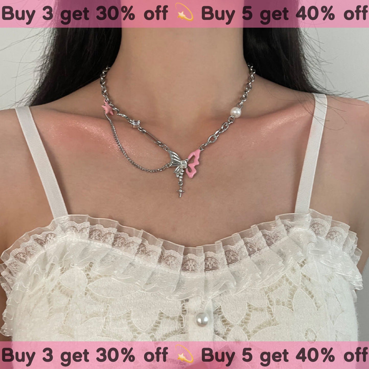 Y2K Pink Butterfly Star Pearl Layered Choker Necklace