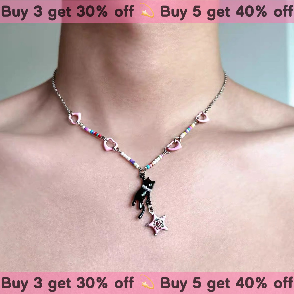 Cat and Stars Design Necklace