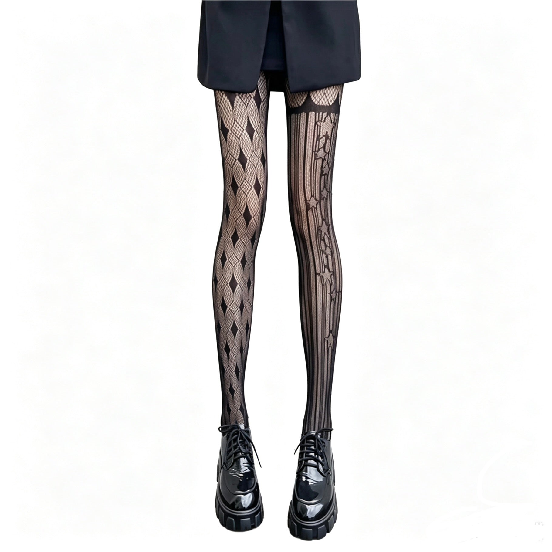 Gothic style black fishnet stockings and patterned mesh tights for punk grunge aesthetic look. Y2K style