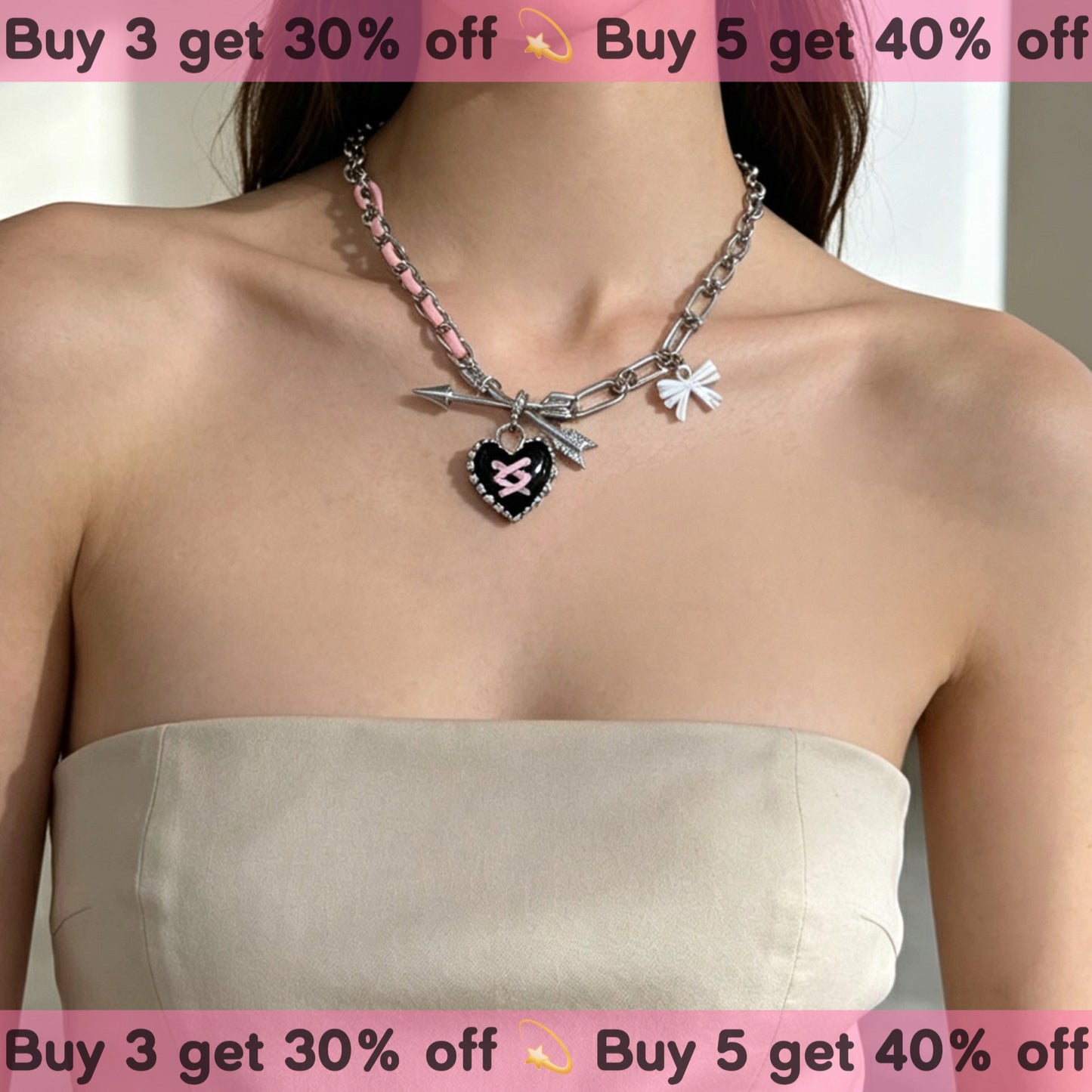 Pink Bow Heart Pendant Layered Choker Necklace Y2K Coquette Grunge Jewelry