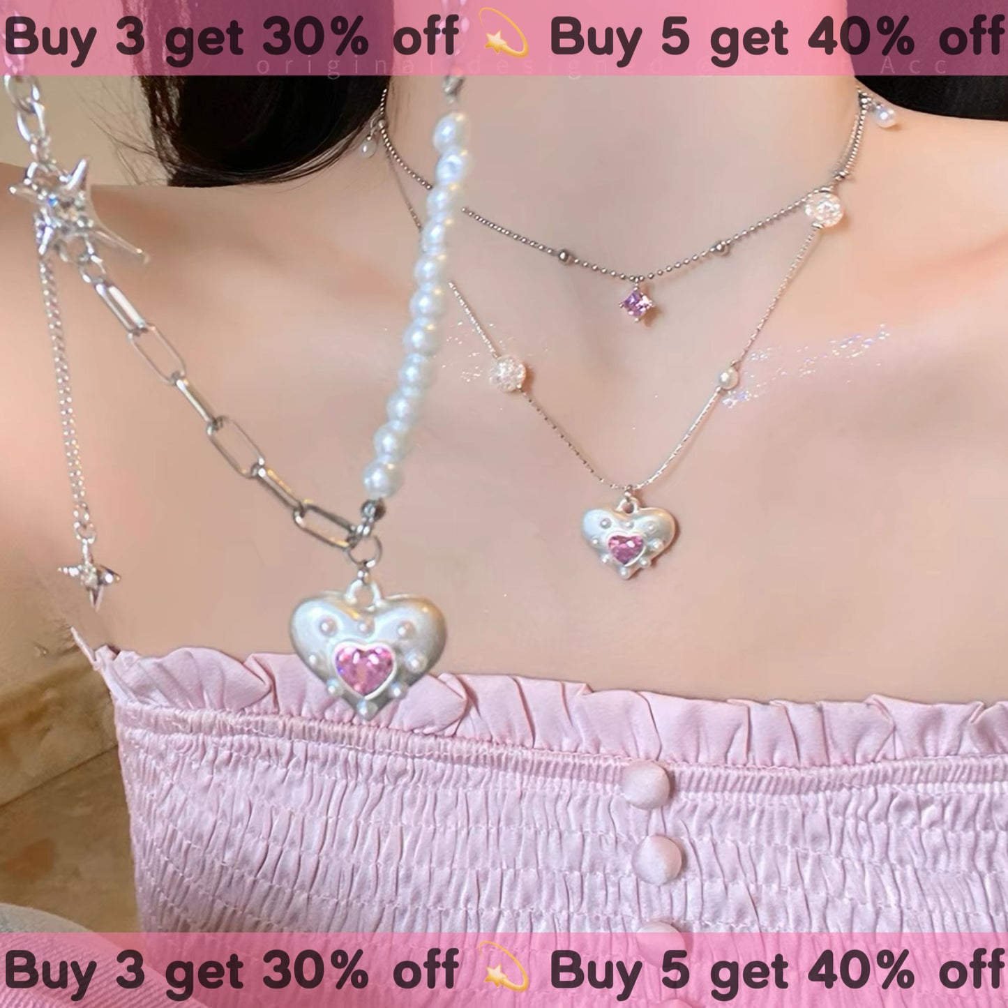 Y2K Layered Heart Zircon Pearl Clavicle Necklace Kawaii Beaded Jewelry