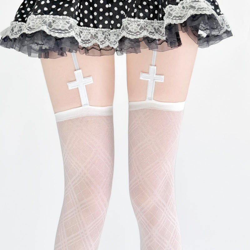 White lattice sheer thigh high stockings with cross decoration garter belt, cute JK style socks