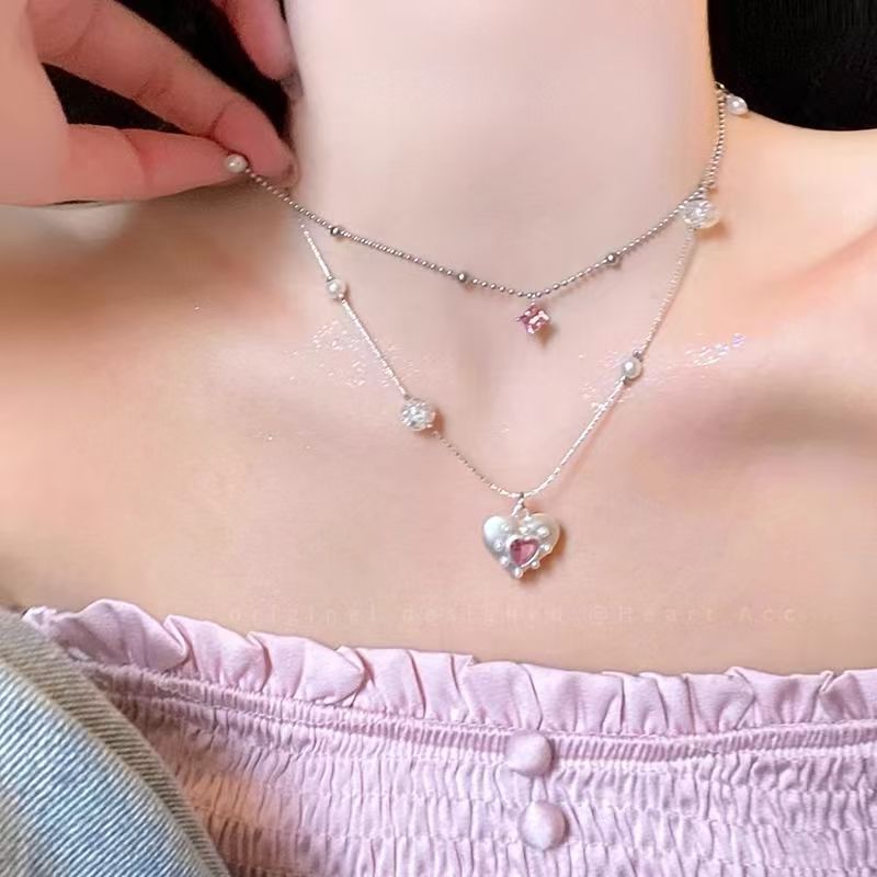 y2k kawaii heart pearl layered clavicle necklace women fashion jewelry