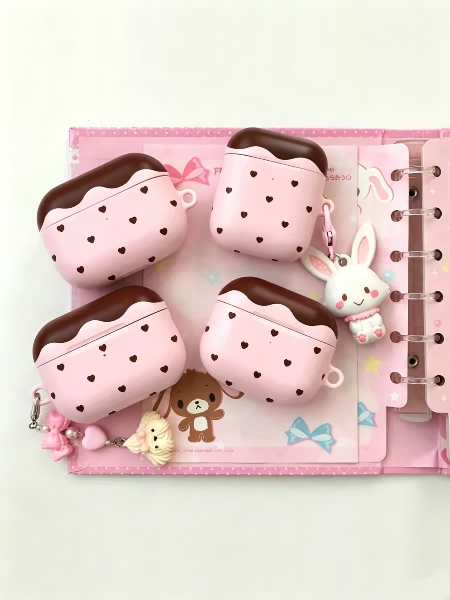 Cute pink chocolate heart AirPods case set with animal pendants, sweet kawaii Y2K earphone cover for girls