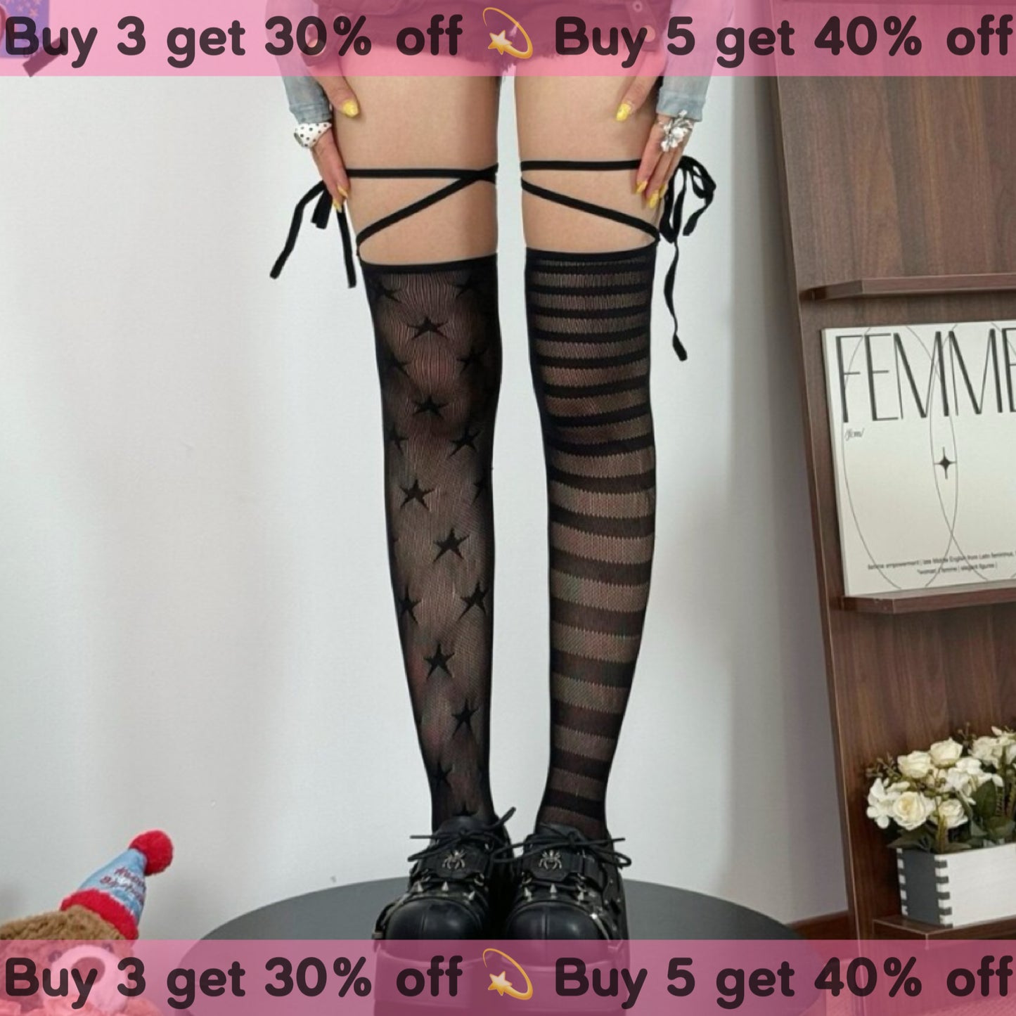 Mismatched Star Mesh Striped Thigh High Stockings