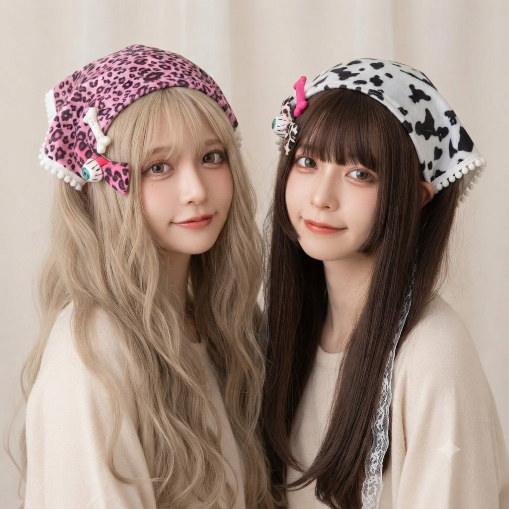 ​Two models wearing triangle-shaped bandanas in pink leopard and black-and-white cow patterns, styled with decorative bone and eye-shaped hair clips.